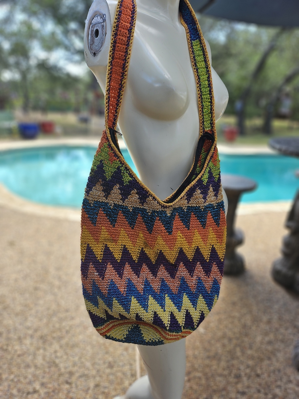 Cute Colorful Zigzag Knit Hobo Crochet Bucket Bag Bohemian Multi Colored